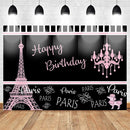 Fondo de pares de cumpleaños para fotografía Torre Eiffel fiesta de cumpleaños pastel Mesa decoración fondo negro rosa