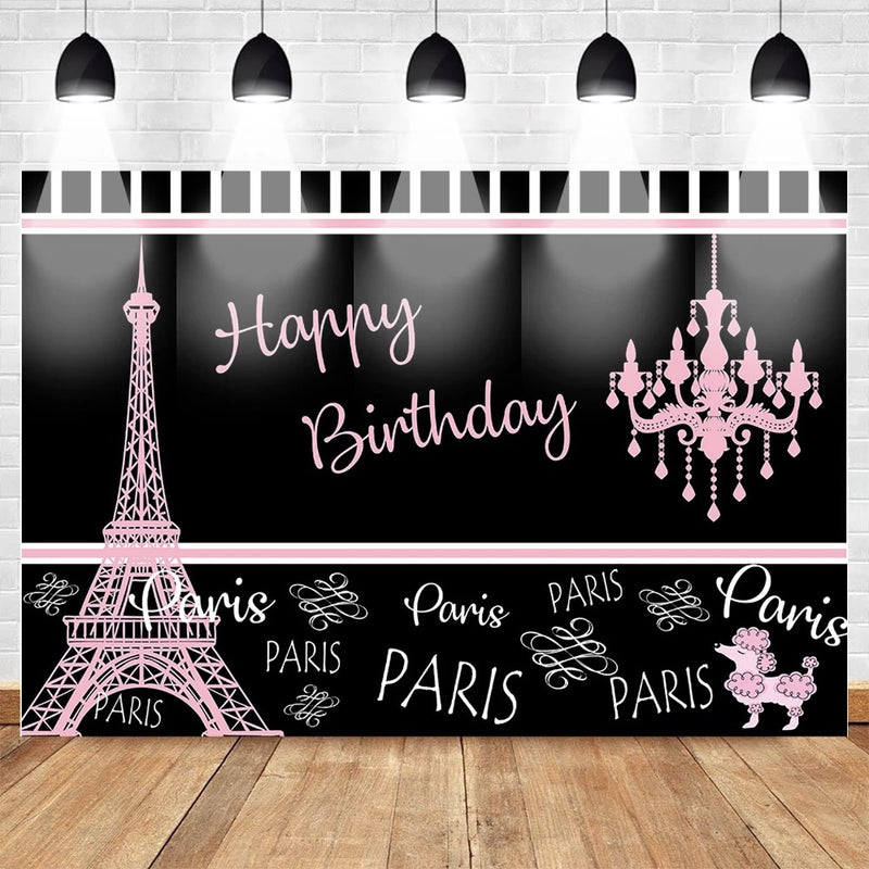 Fondo de pares de cumpleaños para fotografía Torre Eiffel fiesta de cumpleaños pastel Mesa decoración fondo negro rosa