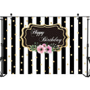 Arrière-plan d'anniversaire à rayures noires et blanches pour femmes, points dorés, fleur de Rose, bannière de fête pour enfants et adultes, photographie de fond