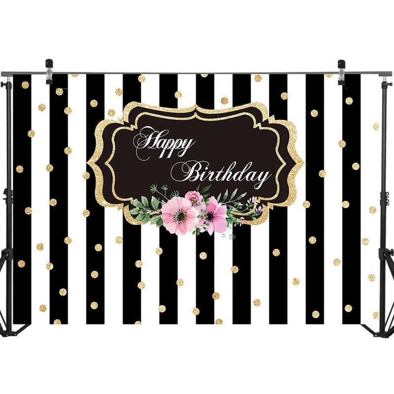 Arrière-plan d'anniversaire à rayures noires et blanches pour femmes, points dorés, fleur de Rose, bannière de fête pour enfants et adultes, photographie de fond