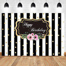 Black White Stripes Birthday Backdrops for Women Golden Dots Rose Flower Floral Adult Child Party Banner Background Photography