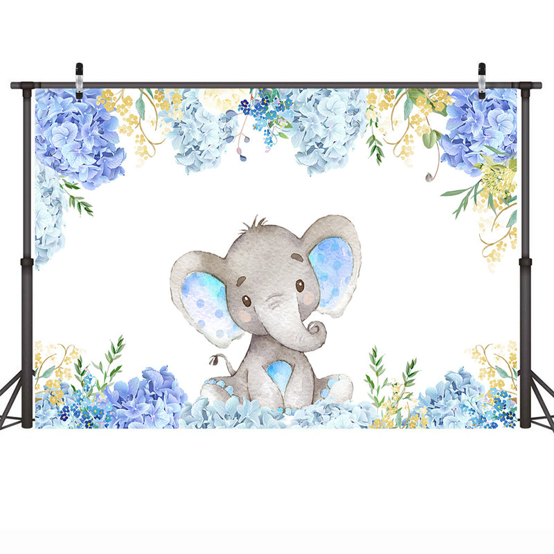 Blue Elephant Themed Baby Shower Backdrop Flowers Elephant Birthday Background Boy or Girl Happy Birthday Photography Backdrop
