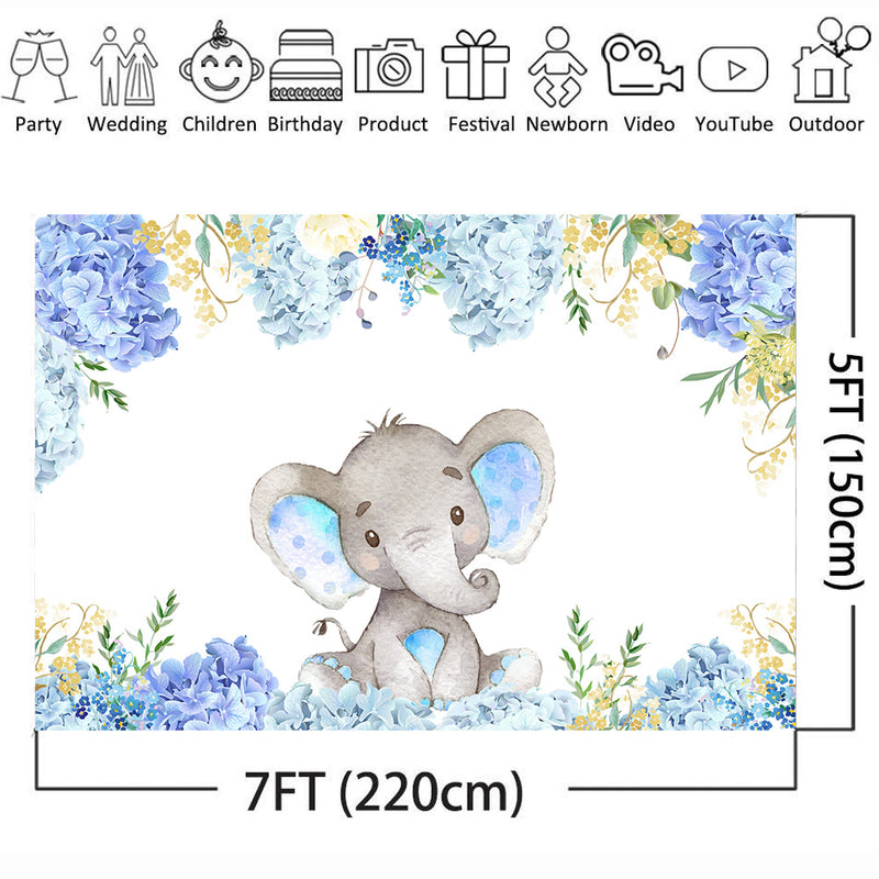 Blue Elephant Themed Baby Shower Backdrop Flowers Elephant Birthday Background Boy or Girl Happy Birthday Photography Backdrop