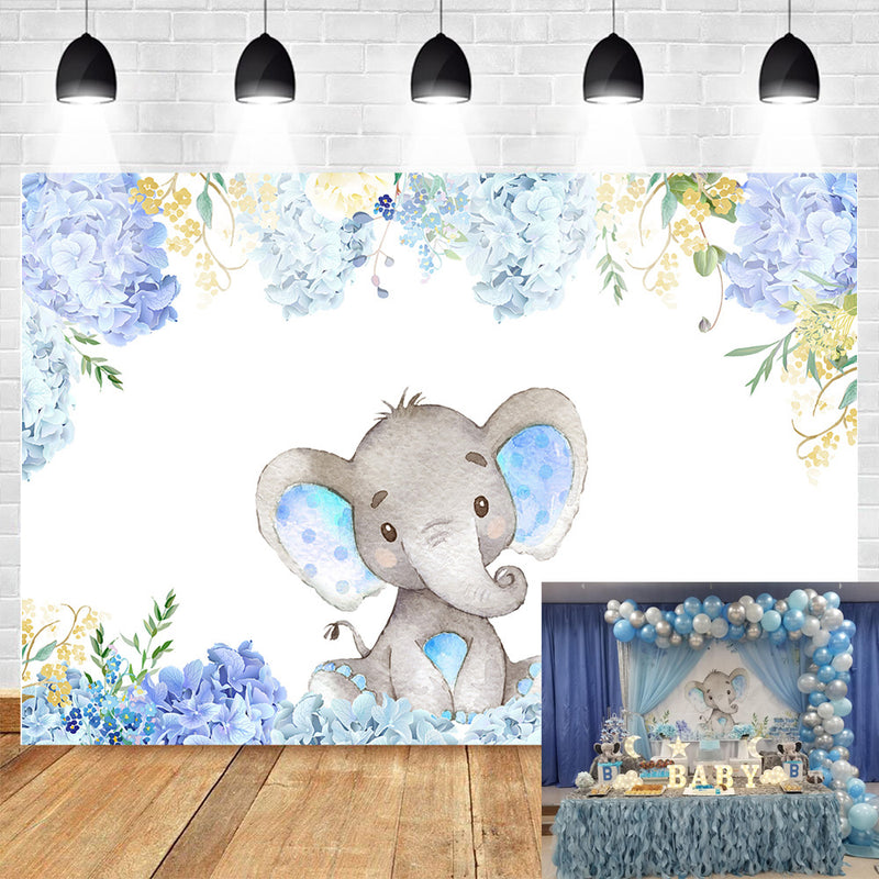 Blue Elephant Themed Baby Shower Backdrop Flowers Elephant Birthday Background Boy or Girl Happy Birthday Photography Backdrop