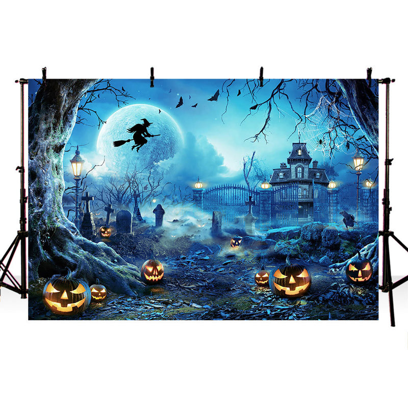 Blue Night Tombstone Backdrop for Photography Children Kid Portrait Photo Background Evil Witch Pumpkins Photoshoot Castle Props