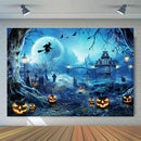 Blue Night Tombstone Backdrop for Photography Children Kid Portrait Photo Background Evil Witch Pumpkins Photoshoot Castle Props