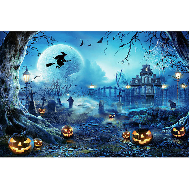 Blue Night Tombstone Backdrop for Photography Children Kid Portrait Photo Background Evil Witch Pumpkins Photoshoot Castle Props