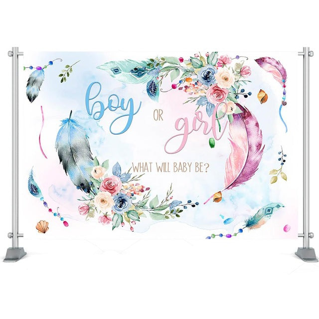 Photo Backdrop Boy or Girl Gender Reveal Party Backdrop Pink Blue Feather Flower Baby Shower Party Decoration