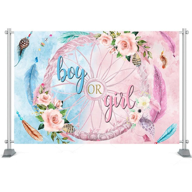 Floral Photo Backdrop Boy or Girl Gender Reveal Party Backdrop Pink Blue Feather Flower Baby Shower Party Decoration