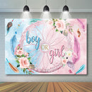 Floral Photo Backdrop Boy or Girl Gender Reveal Party Backdrop Pink Blue Feather Flower Baby Shower Party Decoration