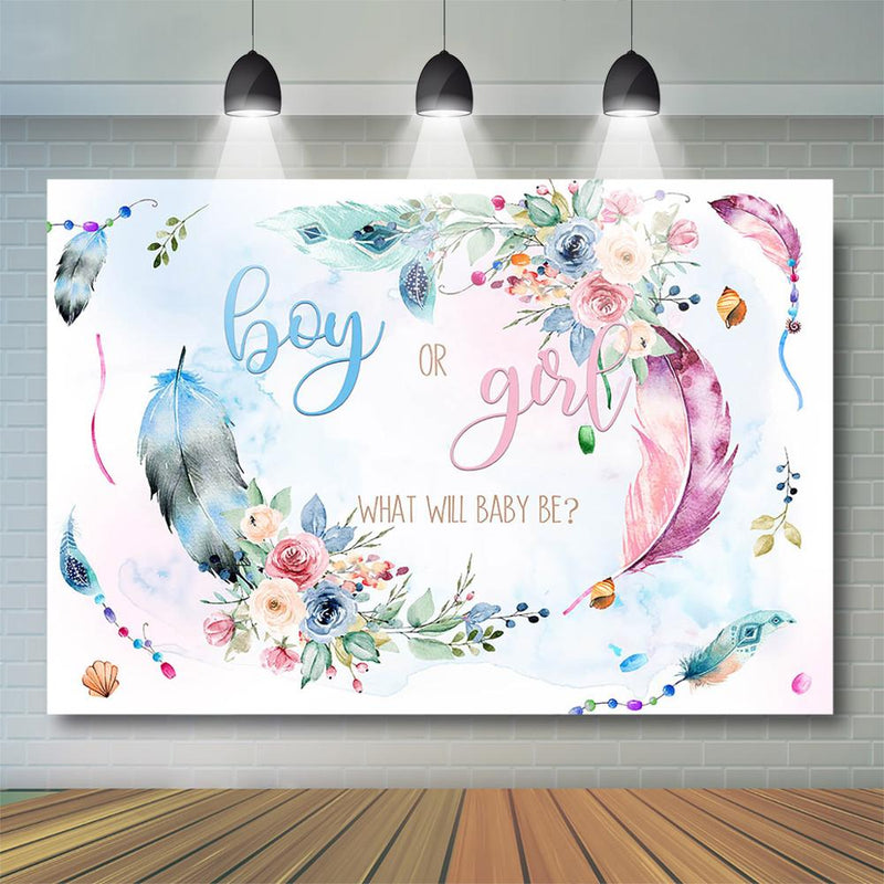 Photo Backdrop Boy or Girl Gender Reveal Party Backdrop Pink Blue Feather Flower Baby Shower Party Decoration