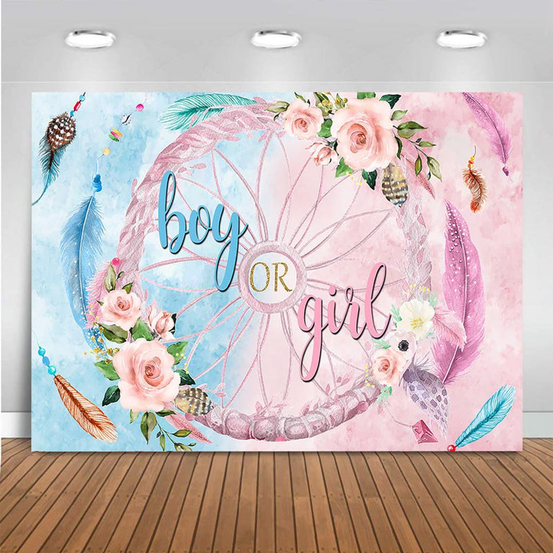 Floral Photo Backdrop Boy or Girl Gender Reveal Party Backdrop Pink Blue Feather Flower Baby Shower Party Decoration