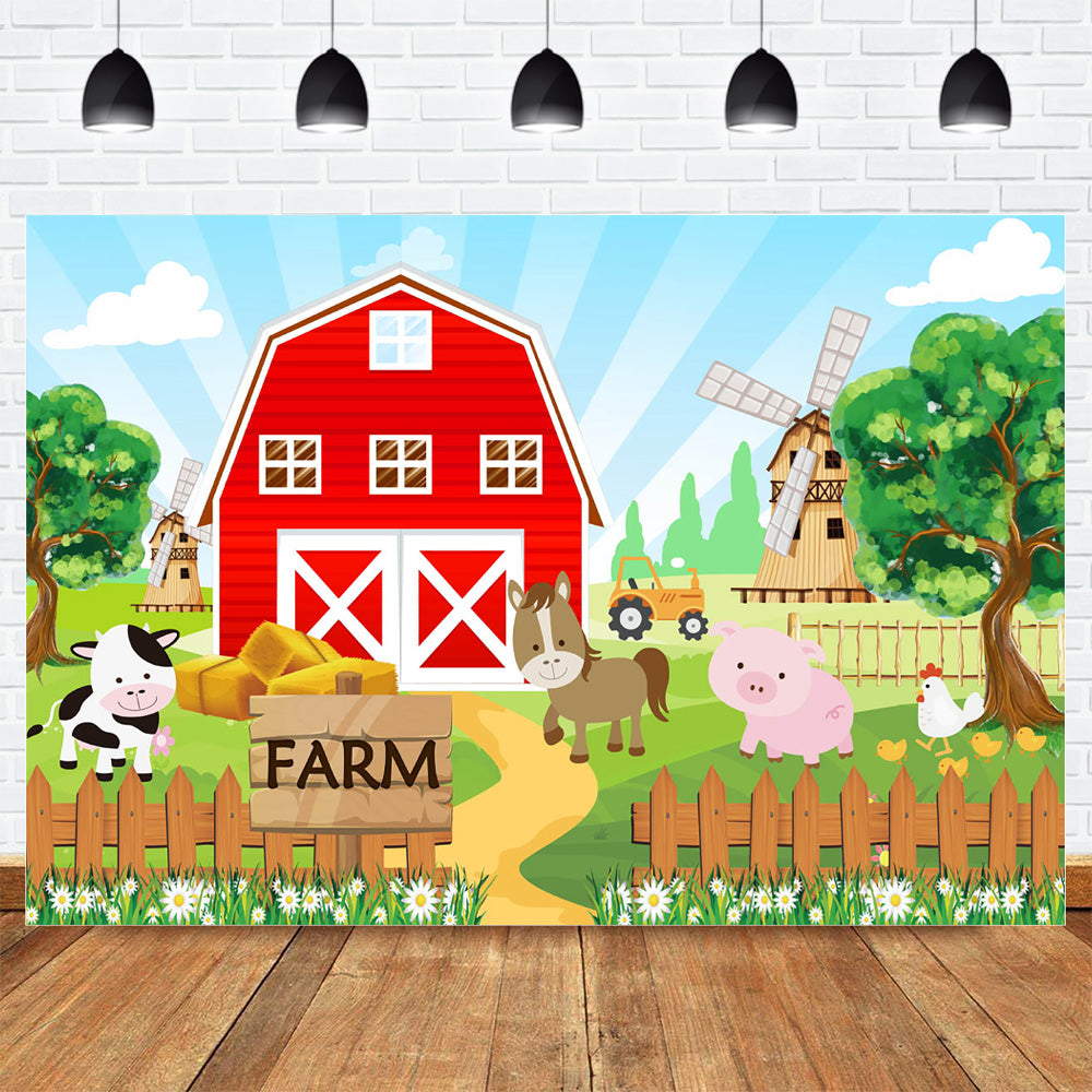 Cartoon Farm Theme Barn Domestic Animals Rustic Happy Birthday Banner Photo Background Child Party Decoration Banner Backdrops for Photography
