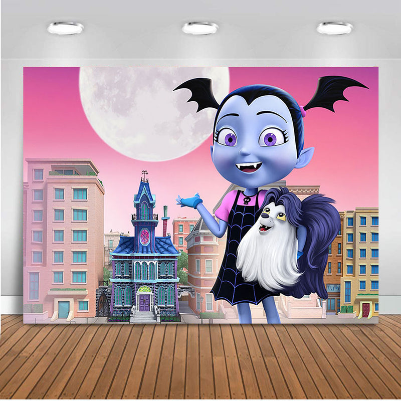 Halloween Photography Background Vampirina City Street Large Moon Backdrop for Party Vampire Scary Photography Birthday Party decor