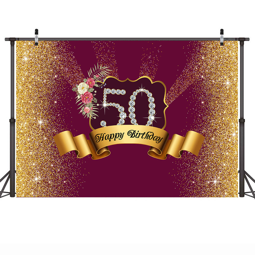 Celebration 50th Birthday Photo Background for Elder Party Banner Background Gift for Mother Golden Shiny Scarlet Flower Diamond