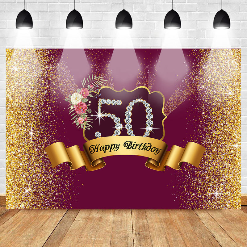 Célébration 50e anniversaire Photo fond pour fête des aînés bannière fond cadeau pour mère doré brillant fleur écarlate diamant