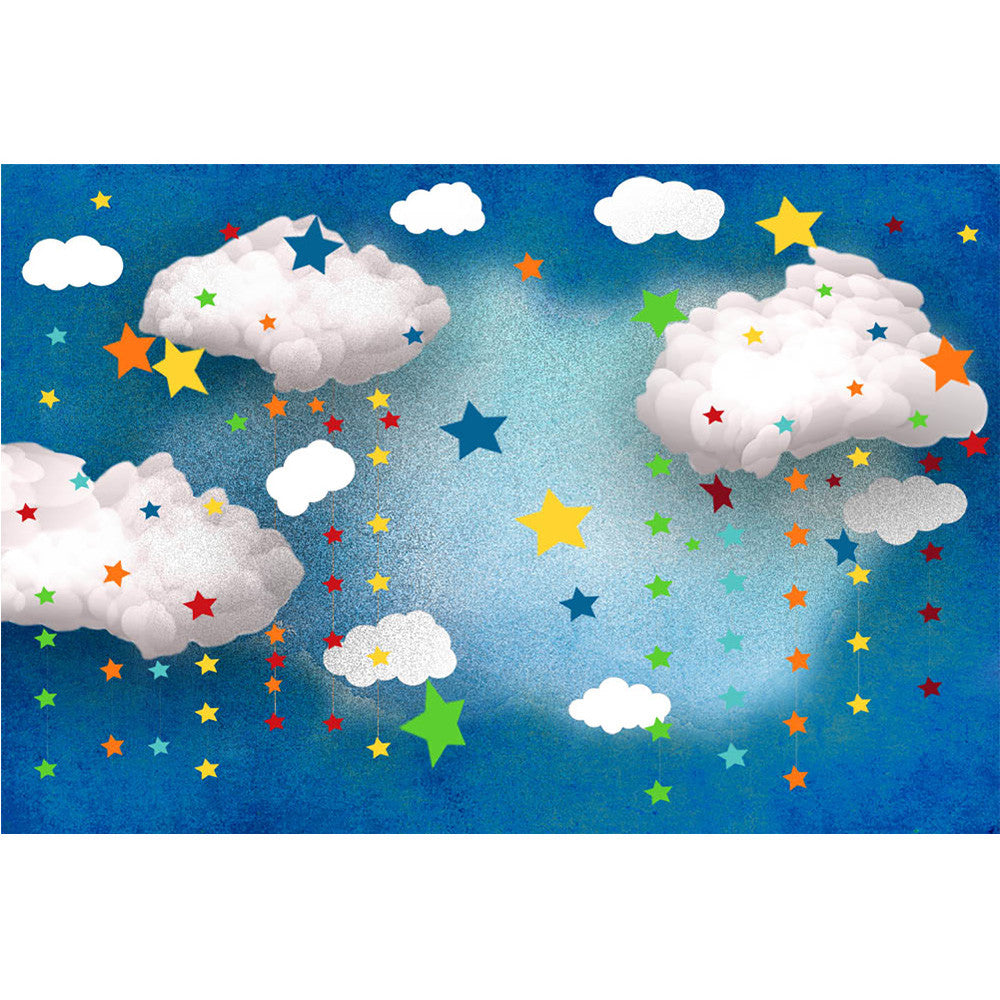 Toile de fond artistique pour anniversaire d'enfants, pour photographie, ciel bleu, nuages ​​blancs, étoiles arc-en-ciel, gâteau d'anniversaire Smash, séance photo 