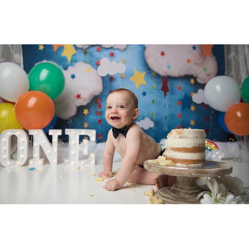 Children Birthday Art Backdrop for Photography Blue Sky White Clouds Rainbow Stars Background Birthday Cake Smash Photocall