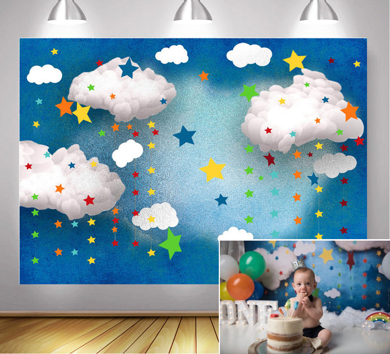 Children Birthday Art Backdrop for Photography Blue Sky White Clouds Rainbow Stars Background Birthday Cake Smash Photocall