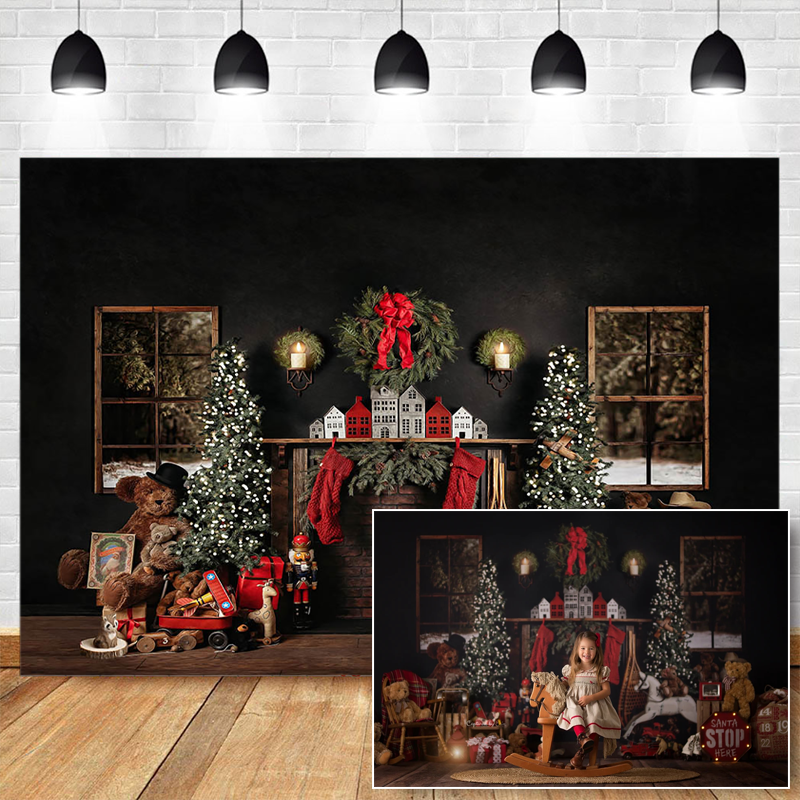 Christmas Backdrop Christmas Tree Decoration Photography Background Snow Window Bear Gift Photographic Studio Photo Background