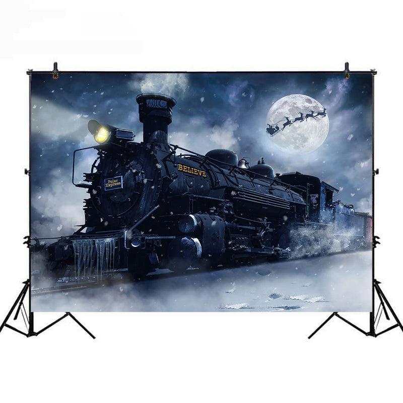 Snow Train Track Photography Backdrops Winter Night Moon Background Backdrops Outdoor Props Xmas Vinyl photo Backdrop For kids