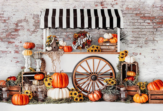 Fall Thanksgiving Photography Backdrop Halloween Rustic Brick Wall Harvest Background Autumn Pumpkins Maple Leaves Baby Shower Party Decoration Photo Studio