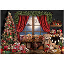 Christmas Bear Toys Backdrop Gifts Window Kids Portrait Background Photo Xmas Trees Red Curtain Winter Photography Photoshoot