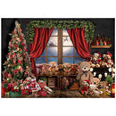 Fondo de juguetes de oso de Navidad, regalos, ventana, retrato de niños, foto de fondo, árboles de Navidad, cortina roja, sesión de fotos de fotografía de invierno 