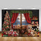 Christmas Bear Toys Backdrop Gifts Window Kids Portrait Background Photo Xmas Trees Red Curtain Winter Photography Photoshoot