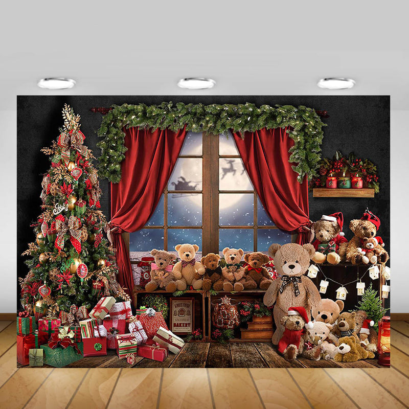 Fondo de juguetes de oso de Navidad, regalos, ventana, retrato de niños, foto de fondo, árboles de Navidad, cortina roja, sesión de fotos de fotografía de invierno 