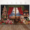 Christmas Bear Toys Backdrop Gifts Window Kids Portrait Background Photo Xmas Trees Red Curtain Winter Photography Photoshoot