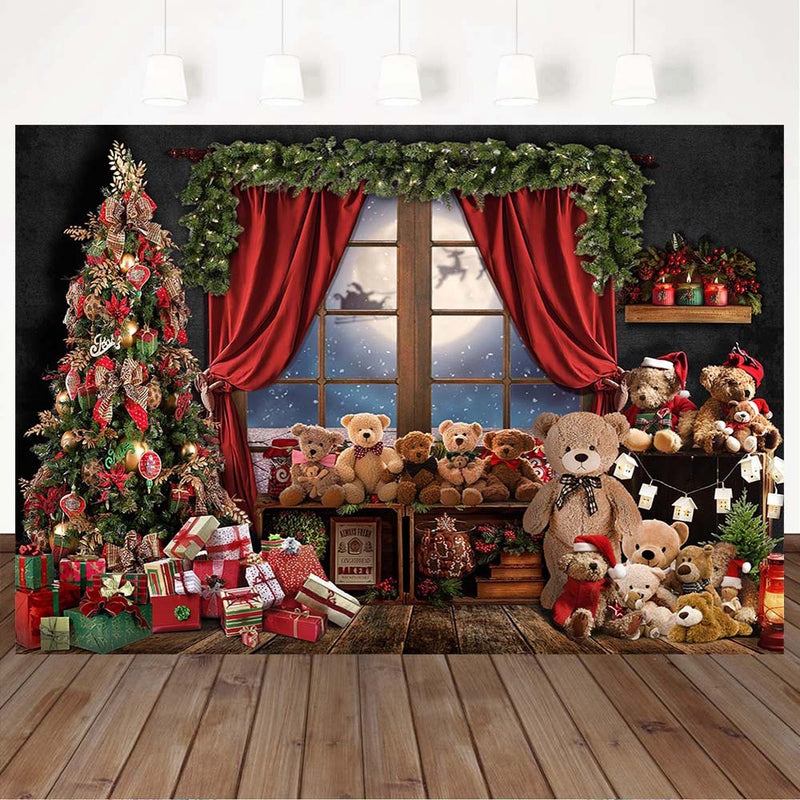 Christmas Bear Toys Backdrop Gifts Window Kids Portrait Background Photo Xmas Trees Red Curtain Winter Photography Photoshoot