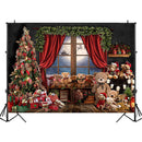 Christmas Bear Toys Backdrop Gifts Window Kids Portrait Background Photo Xmas Trees Red Curtain Winter Photography Photoshoot