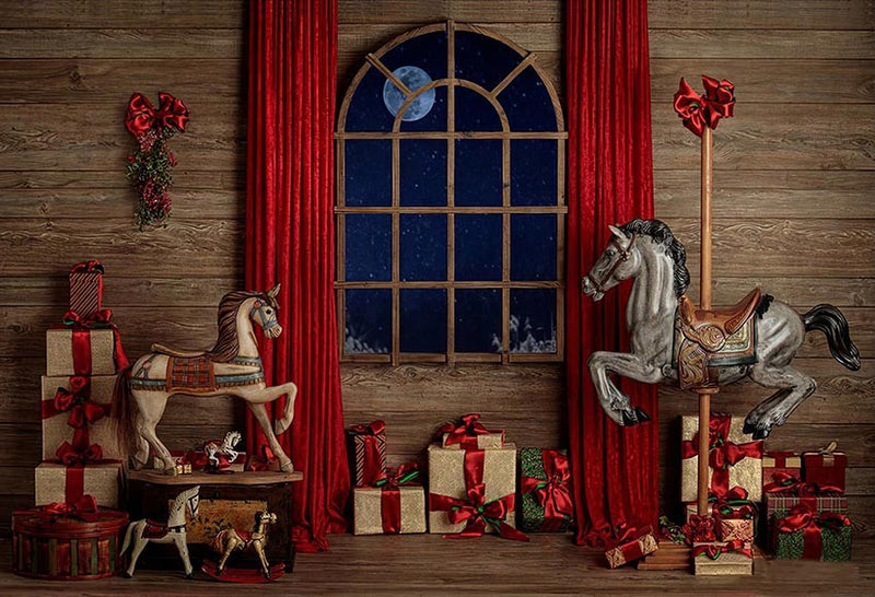 Christmas Backdrop Vintage Wood Wall Red Curtain Window Gift Horse Baby Portrait Photography Background Photo Studio