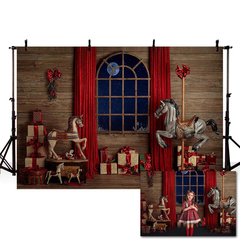 Toile de fond de noël, mur en bois Vintage, rideau rouge, fenêtre, cadeau, cheval, Portrait de bébé, arrière-plan de photographie, Studio Photo 