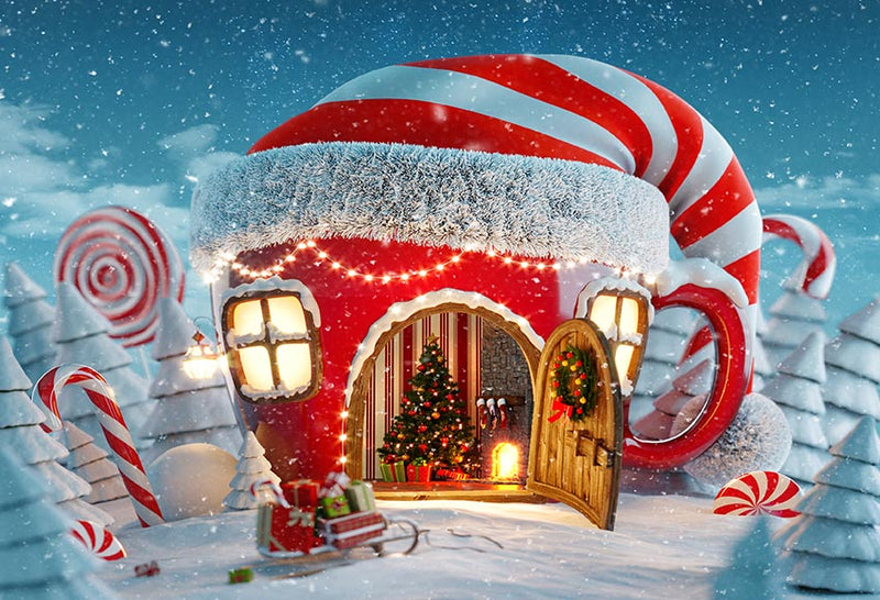 Navidad Whoville Candy Canes House Telón de fondo Invierno Nieve Cuento de hadas Copo de nieve Decoración de fiesta de Navidad Bebé Niños Fotografía de fondo 