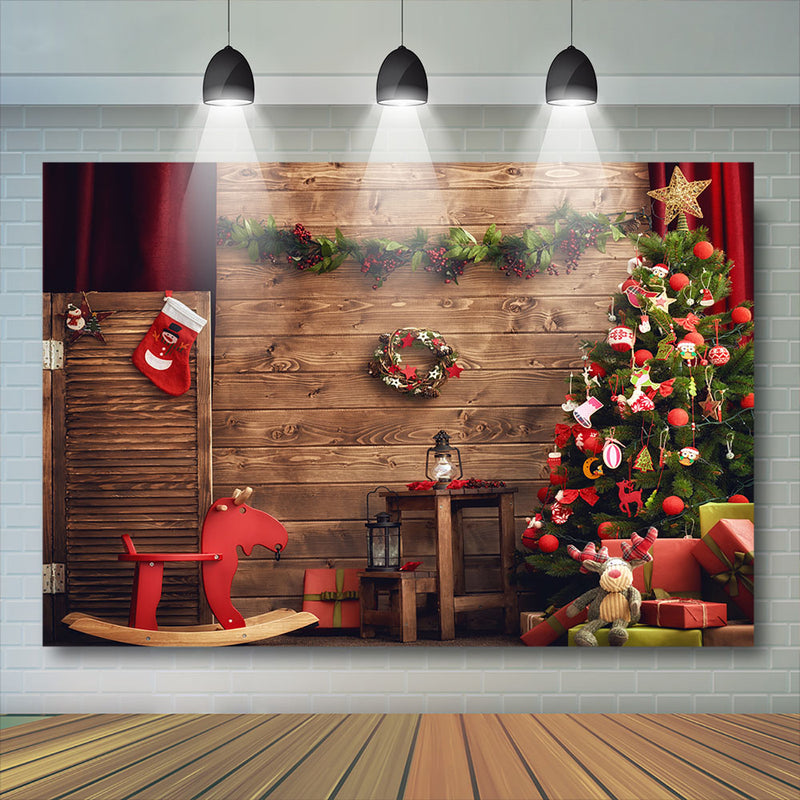 Christmas Backdrop Wood Wall Wreath photography Backdrops Christmas Trees Red Sock Gift Family party Background Photobooth