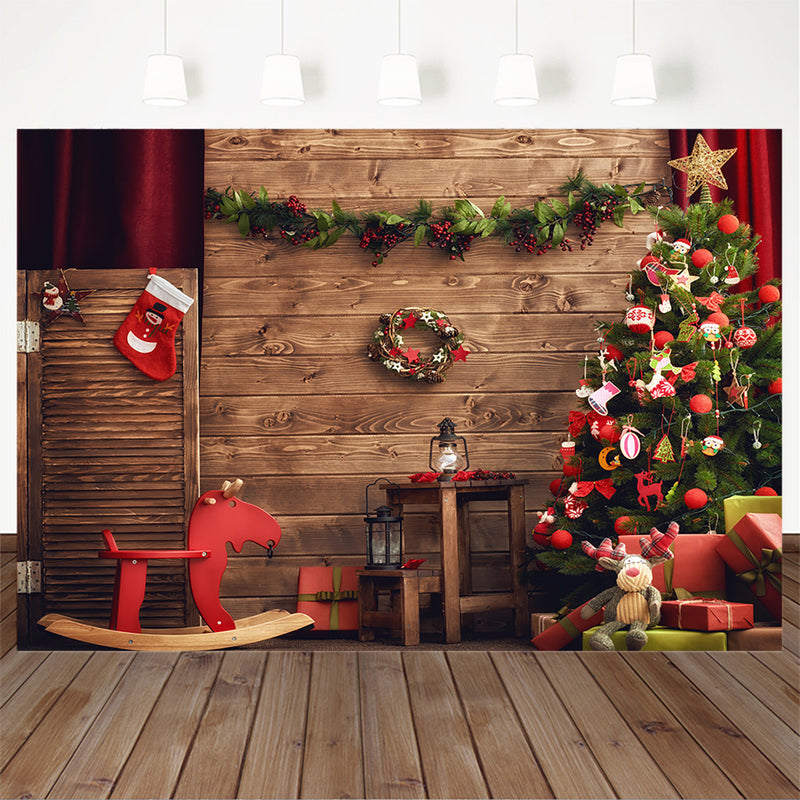 Christmas Backdrop Wood Wall Wreath photography Backdrops Christmas Trees Red Sock Gift Family party Background Photobooth