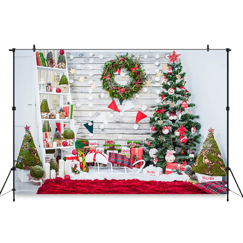 Christmas Background For Photography Trees Wood Wall Scene Wreath Backdrop For Photo Booth Family Party gifts Backgrounds