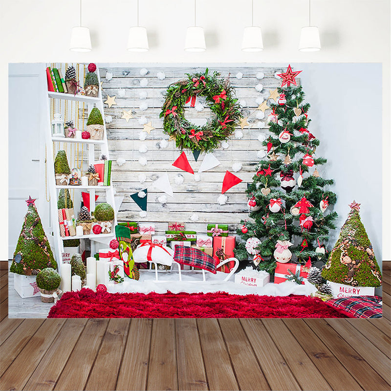 Christmas Background For Photography Trees Wood Wall Scene Wreath Backdrop For Photo Booth Family Party gifts Backgrounds