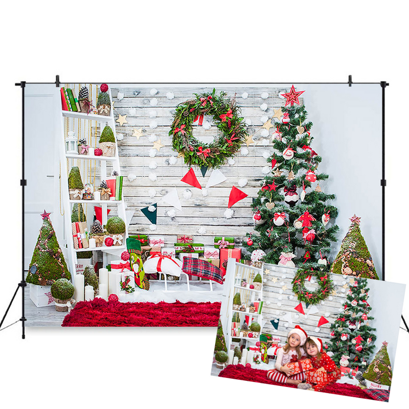 Christmas Background For Photography Trees Wood Wall Scene Wreath Backdrop For Photo Booth Family Party gifts Backgrounds
