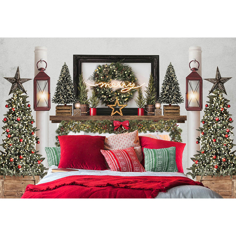 Décoration de thème de chambre à coucher de noël, couronne d'arbre, arrière-plan lumineux pour photographie, anniversaire, joyeux noël, oreiller rouge, Photo 