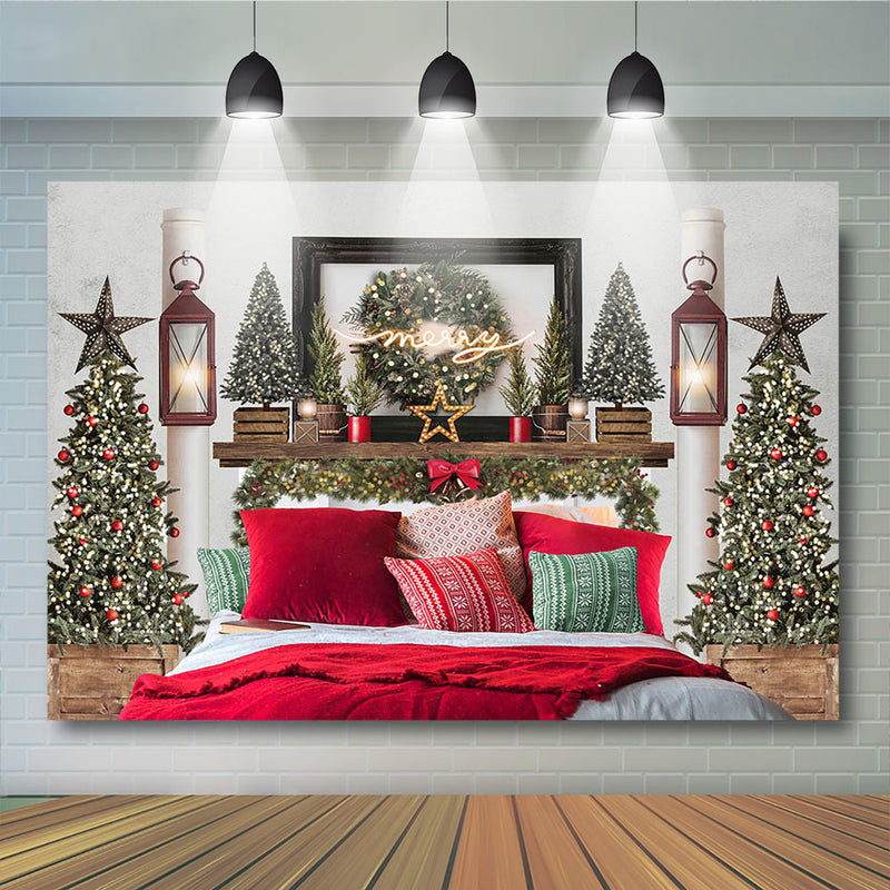 Telón de fondo con tema de dormitorio de Navidad, decoración de árbol, corona, luz, fotografía, cumpleaños, Feliz Navidad, almohada roja, foto 