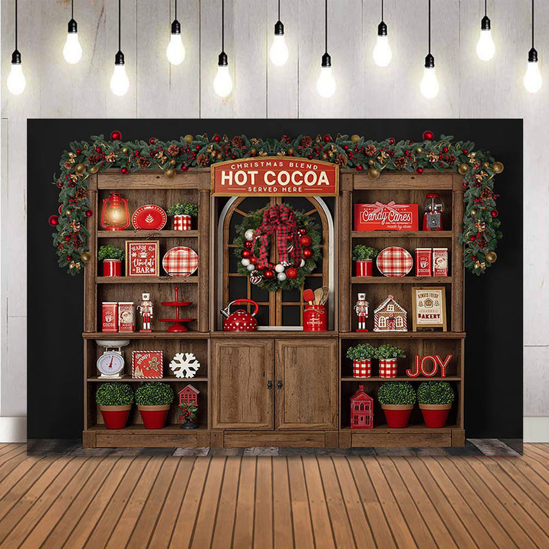 Christmas Hot Cocoa Shop Backdrop for Photography Kitchen Cupboard Kid Children Background for Photo Studio