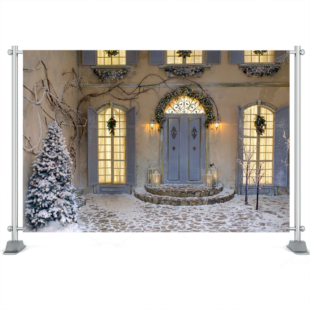 Arrière-plan de photographie de noël, arbre de noël, arrière-plan de Photo, neige, porte d'hiver, arrière-plan photographique, accessoires
