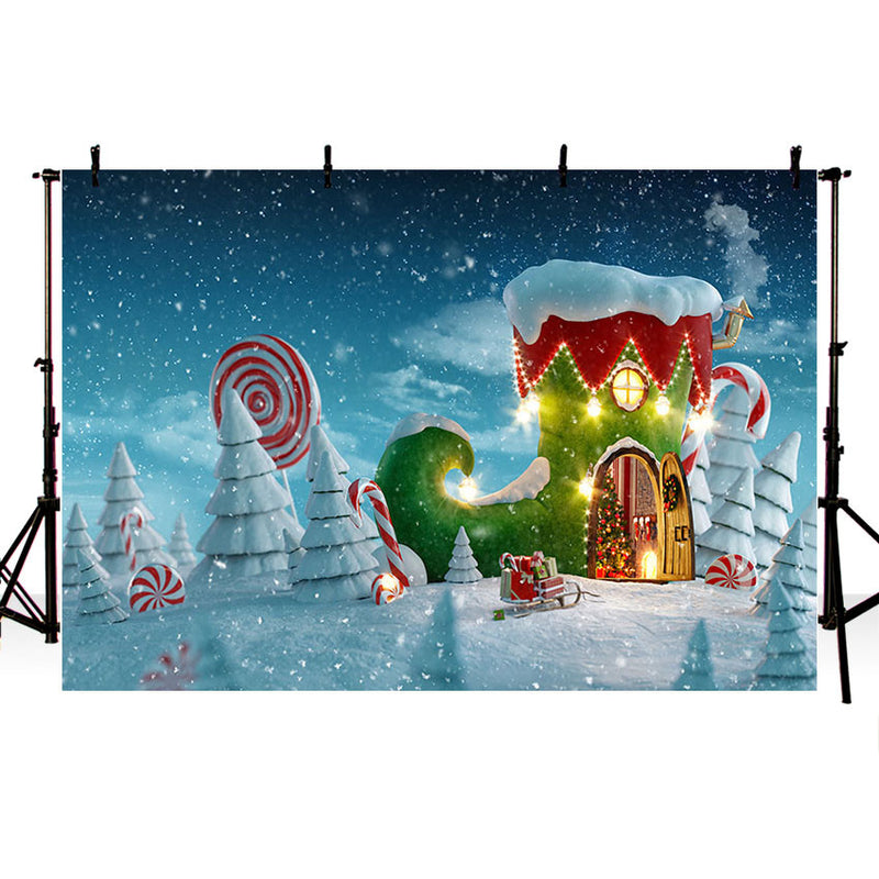 Christmas Photography Background Winter Snow Santa Claus Boots House Gift Candyland Kids Portrait Backdrop Photo Studio