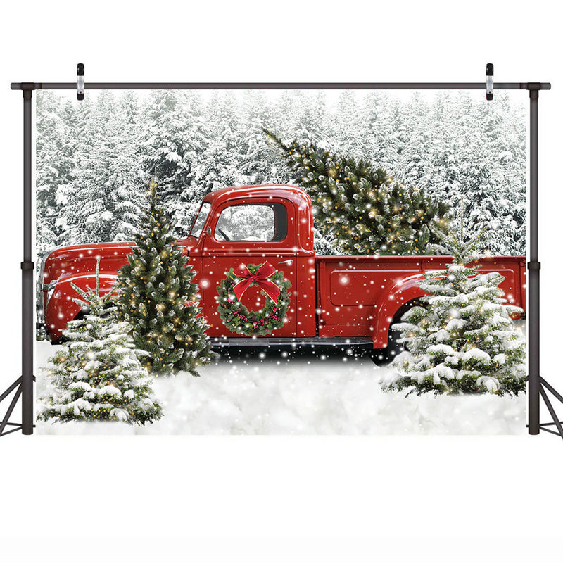 Christmas Red Truck Backdrop Winter Wonderland Snowy Forest Tree Photography Newborn Kids Birthday Portrait Background Studio