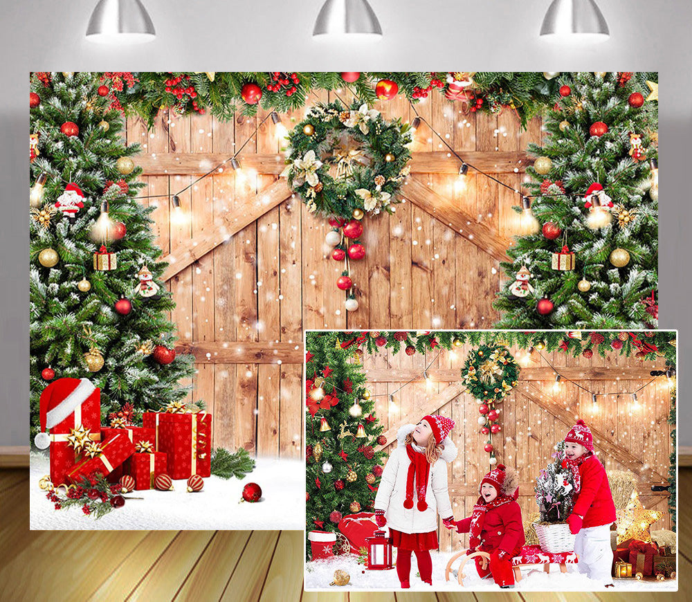 Christmas Rustic Barn Wood Door Backdrop Photocall Xmas Tree Gift Birthday Portrait Background Snow Winter Festival Party Decor
