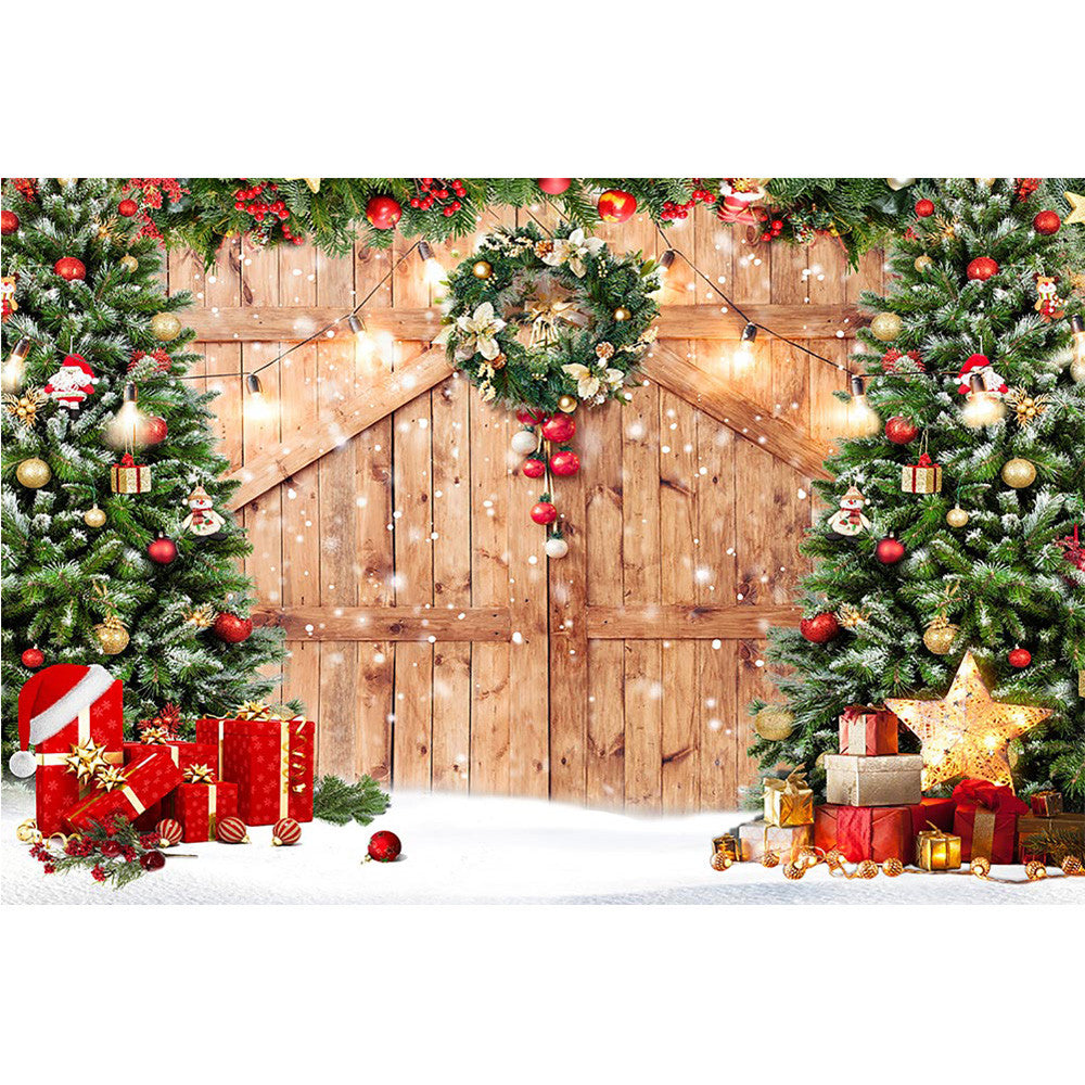 Toile de fond rustique pour porte en bois de grange de noël, pour séance photo, cadeau d'arbre de noël, arrière-plan de Portrait d'anniversaire, décor de fête de Festival d'hiver en neige 