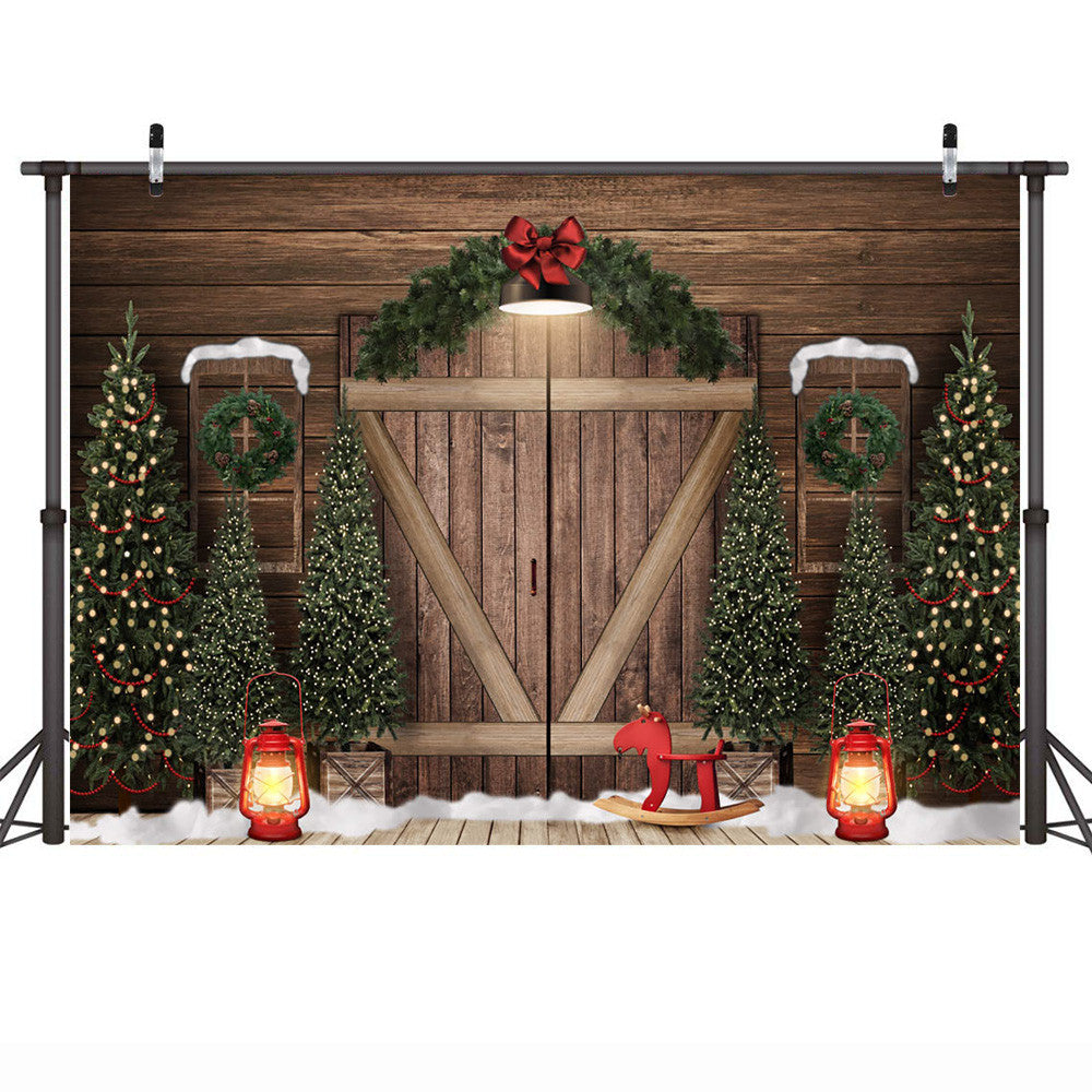 Christmas Rustic Door Birthday Cake Smash Backdrop Christmas Trees Wreath Background Lamp Snow Winter Retro Portrait Photography